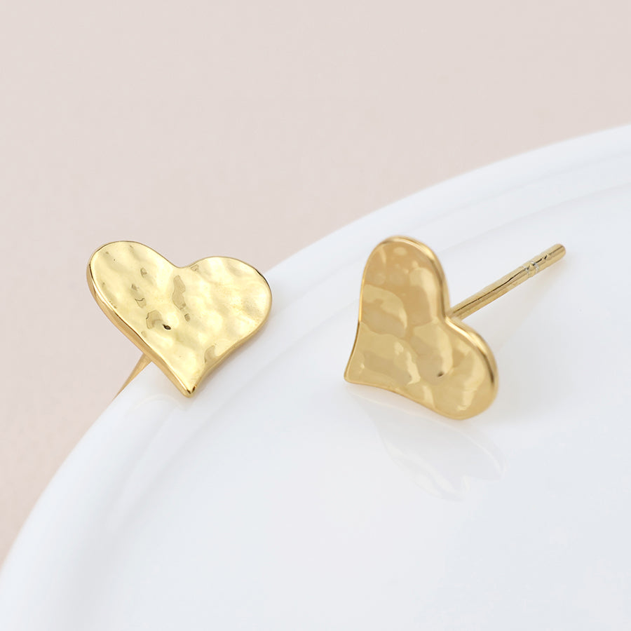 Gold Plated Sterling Silver Hammered Heart Stud Earrings