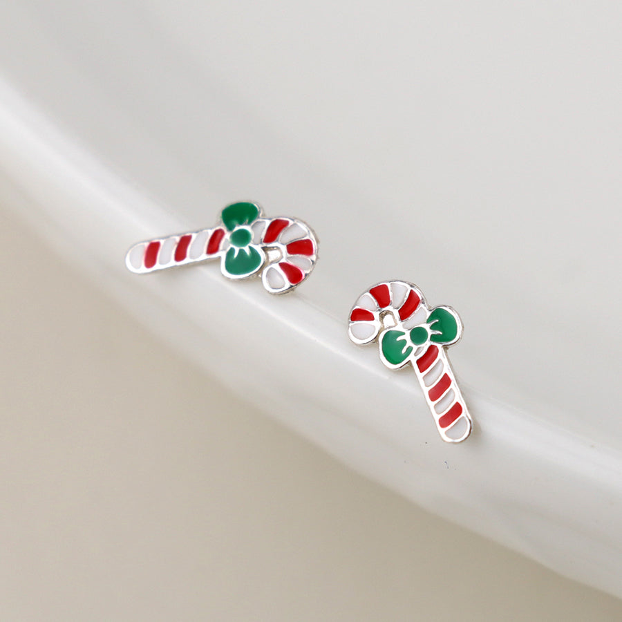 Sterling Silver Christmas Candy Cane Stud Earrings