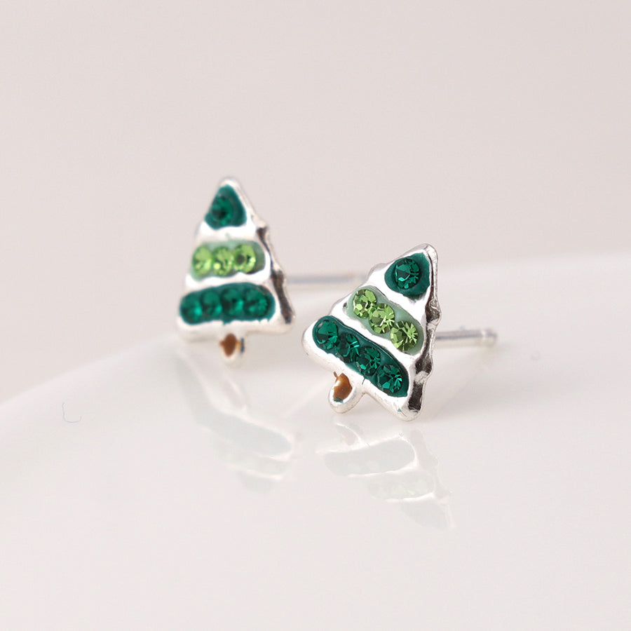 Sterling Silver Christmas Tree Stud Earrings with Green Crystals