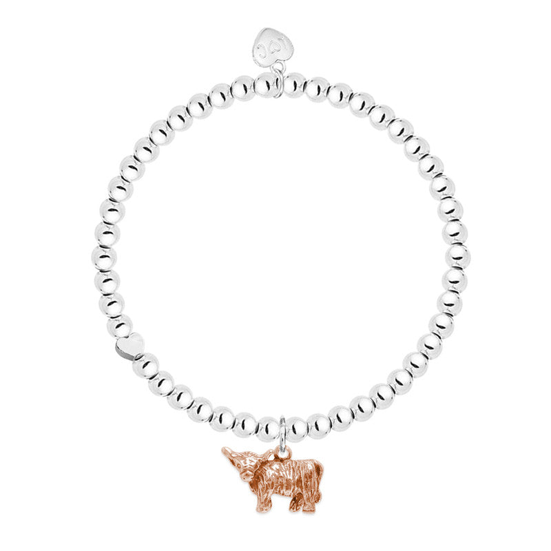 With Love From Scotland Silver Highland Cow Beaded Stretch Bracelet - Life Charms Jewellery. Available at Sweet P, Burnside, Glasgow