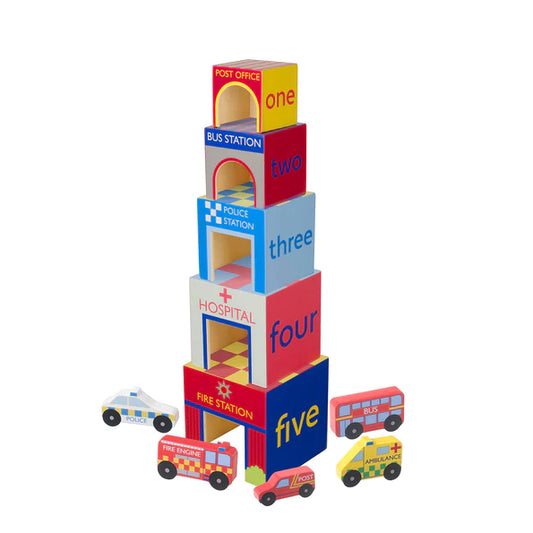 Orange Tree Toys Emergency Services Wooden Stacking Cubes: Eco-Friendly Imaginative Play Set. Available at Sweet P, Burnside, Glasgow