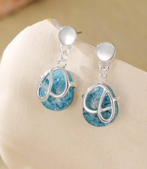 Silver Plated Dangling Earrings with Blue Drop
