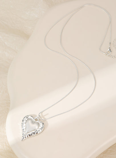 Silver Plated Long Necklace with Battered Heart Pendant