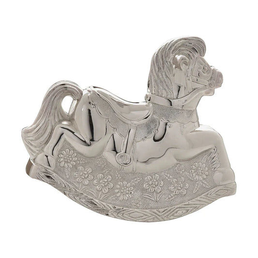 Silver Plated Rocking Horse Money Box – Engravable Keepsake Gift for New Baby