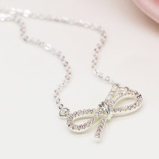 Silver-Plated Crystal Gift Bow Necklace – Elegant Pendant Necklace