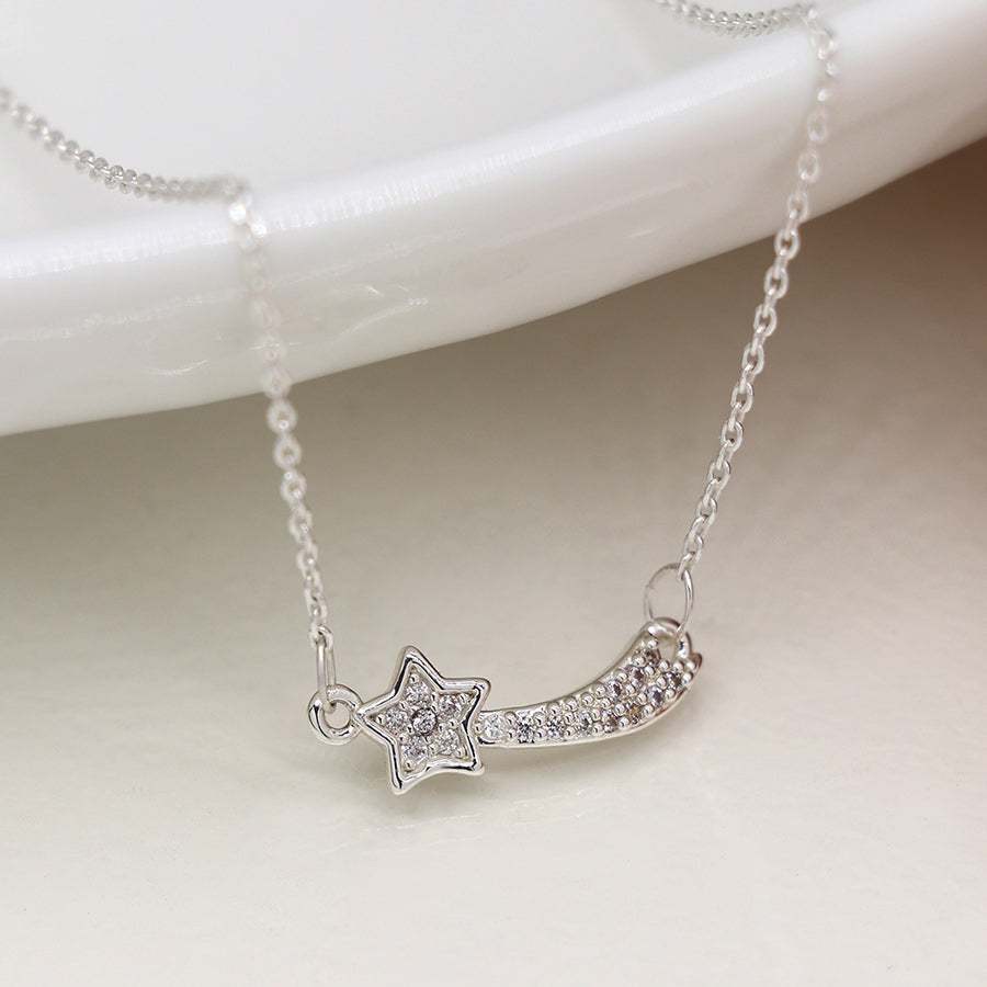 Silver-Plated Shooting Star Crystal Necklace – Elegant Pendant Necklace