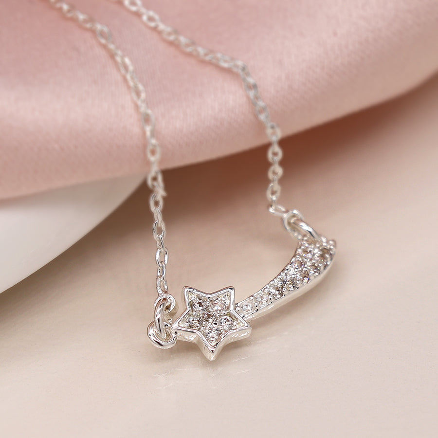 Silver-Plated Shooting Star Crystal Necklace – Elegant Pendant Necklace