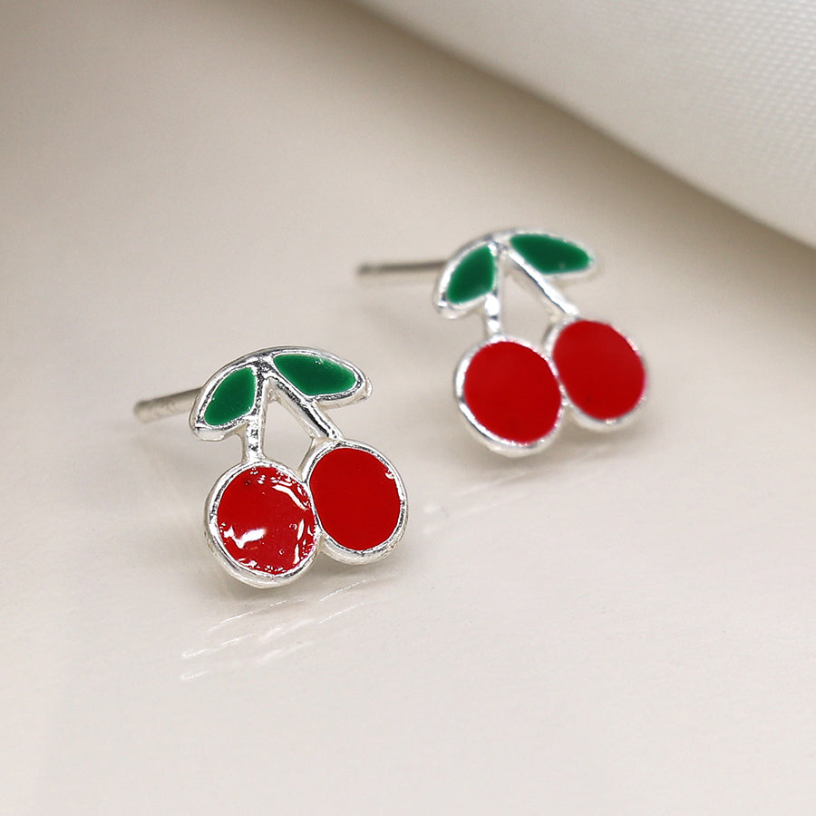 Sterling Silver Enamel Cherry Stud Earrings