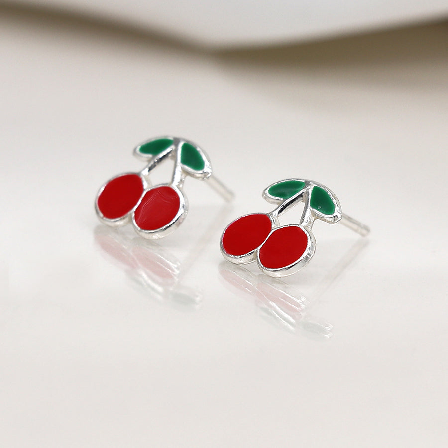 Sterling Silver Enamel Cherry Stud Earrings
