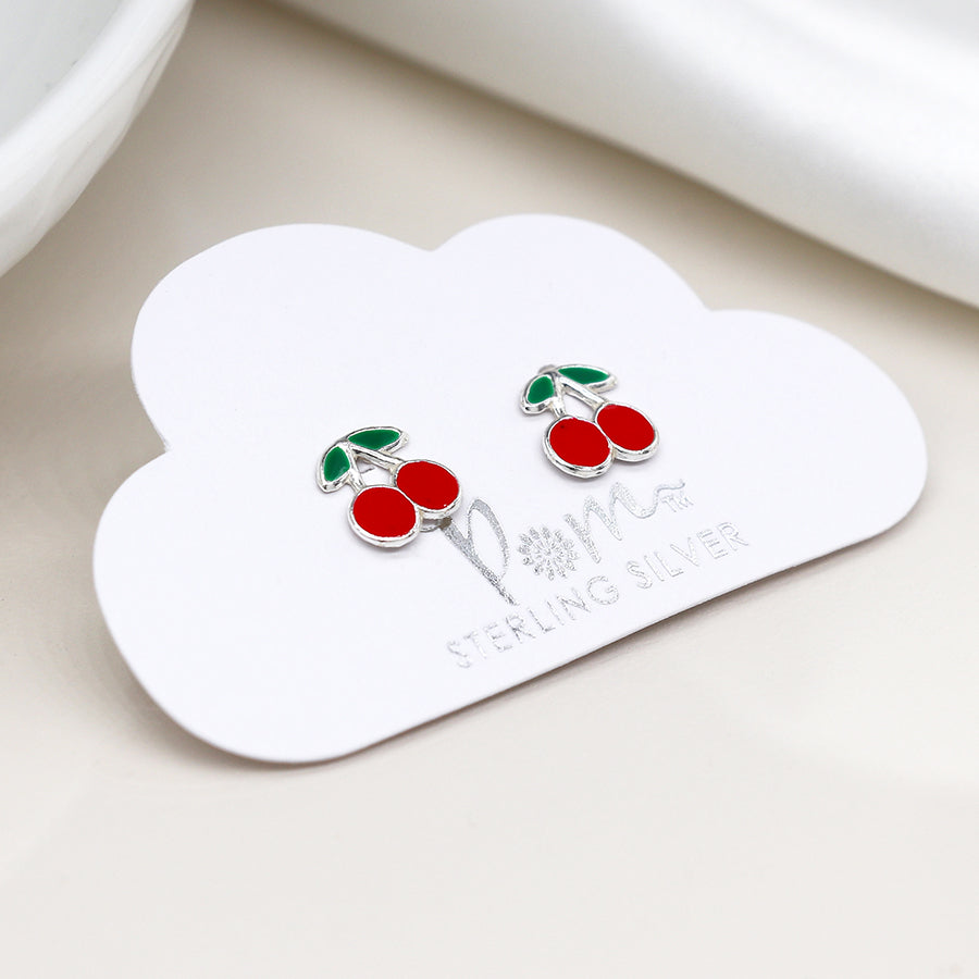Sterling Silver Enamel Cherry Stud Earrings