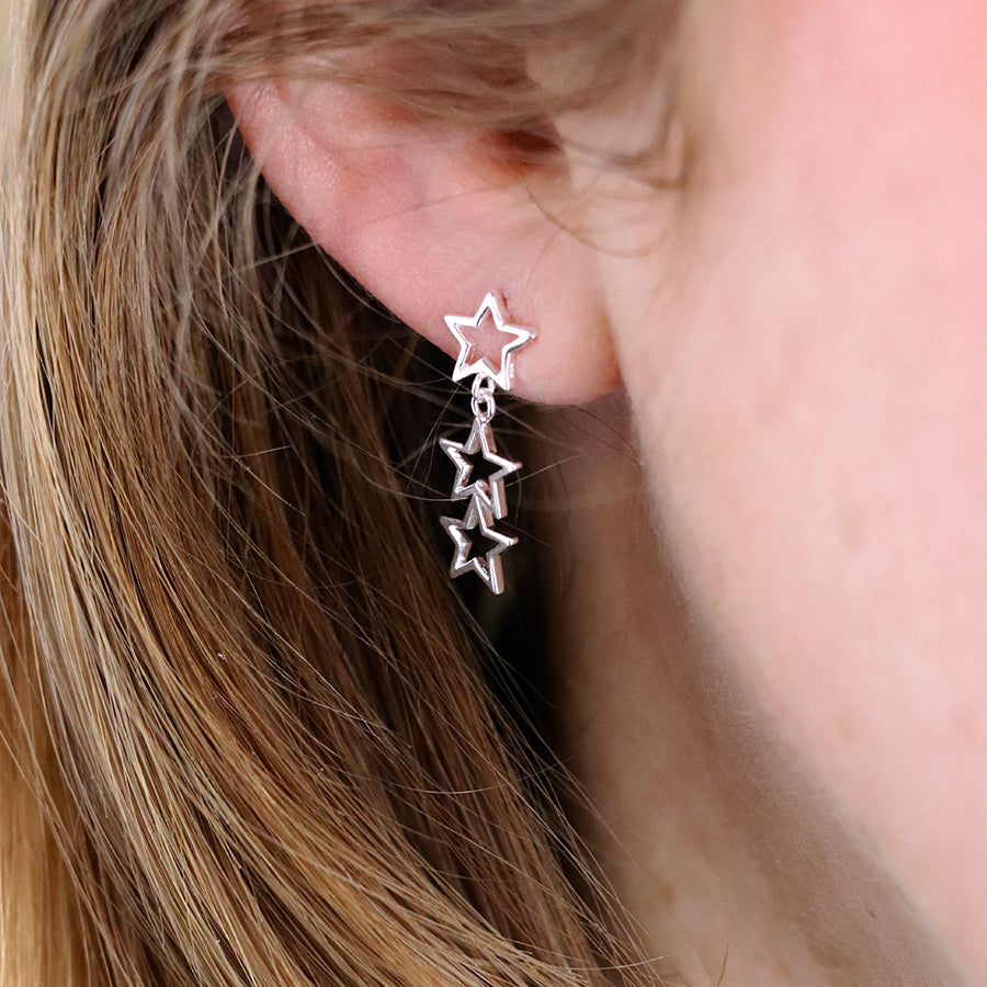 Sterling Silver Triple Hanging Star Earrings