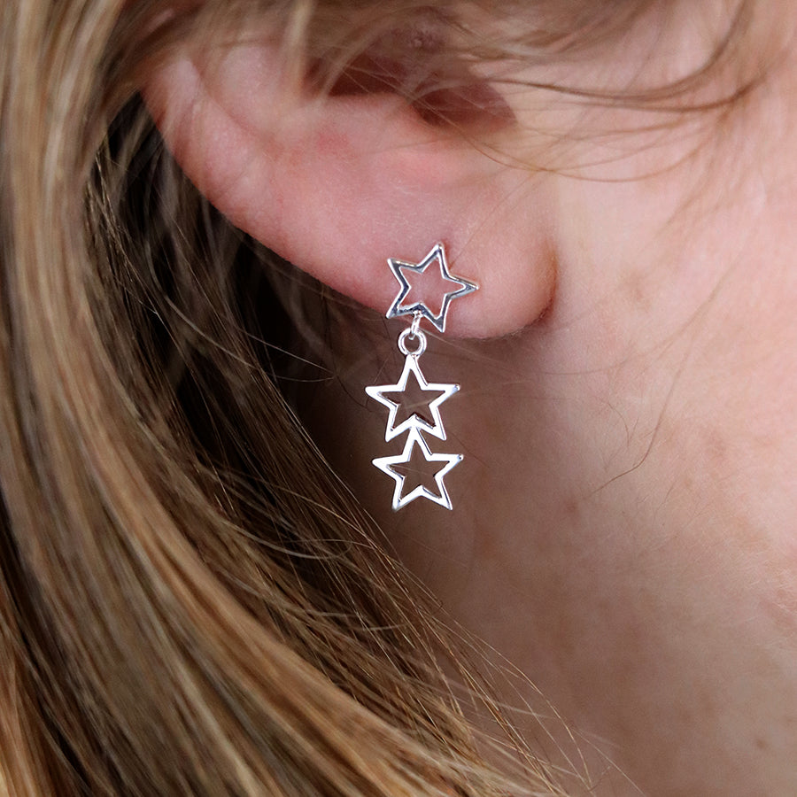 Sterling Silver Triple Hanging Star Earrings
