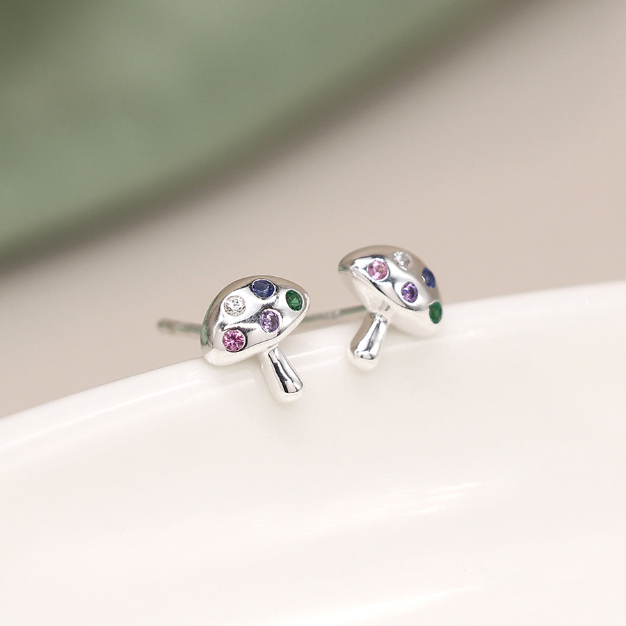 Sterling Silver Rainbow Crystal Mushroom Stud Earrings - POM