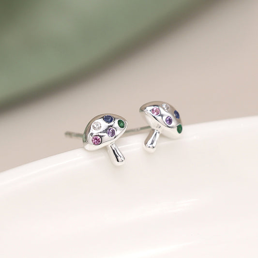 Sterling Silver Rainbow Crystal Mushroom Stud Earrings - POM