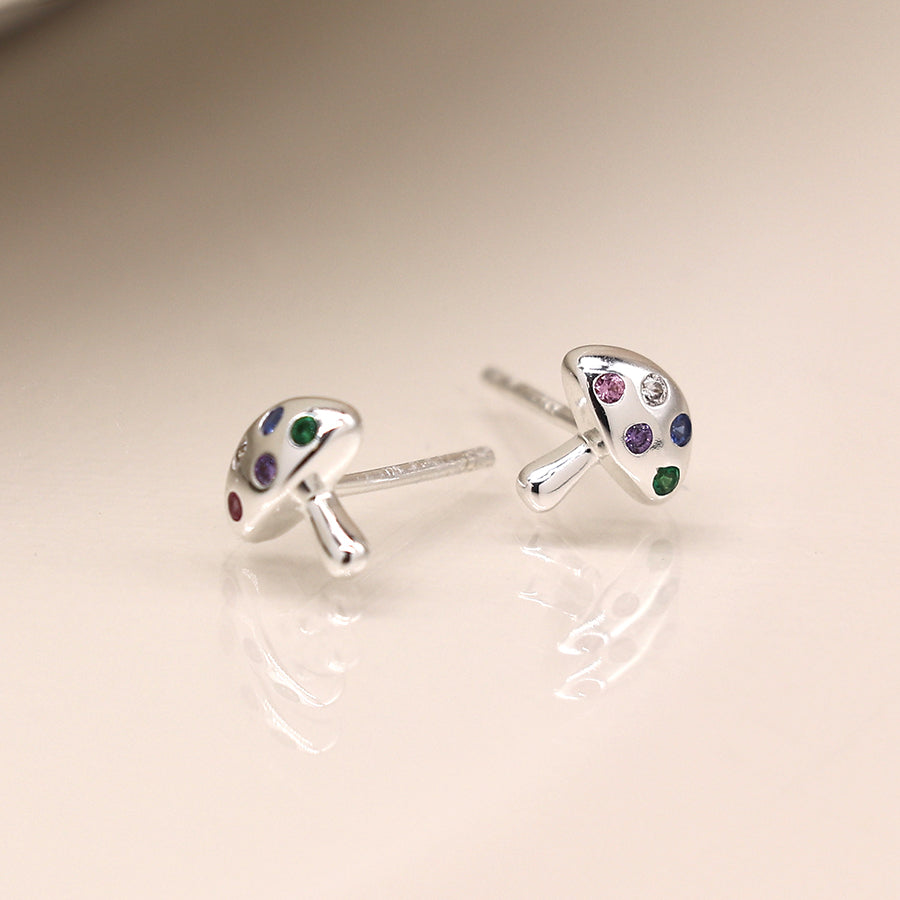 Sterling Silver Rainbow Crystal Mushroom Stud Earrings - POM