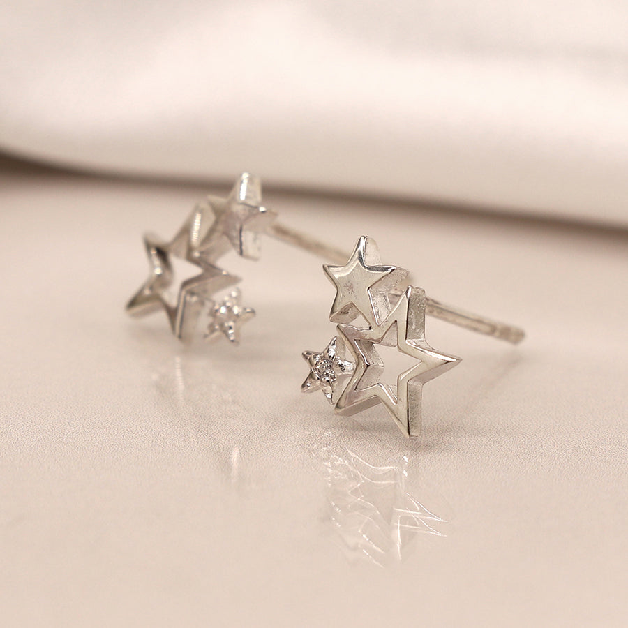Sterling Silver Triple Star Crystal Stud Earrings