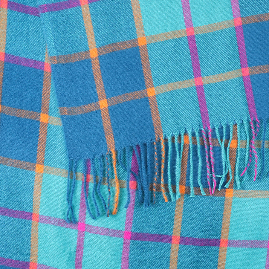 Teal & Purple Check Scarf with Tassel Fringe
