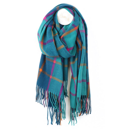 Teal & Purple Check Scarf with Tassel Fringe