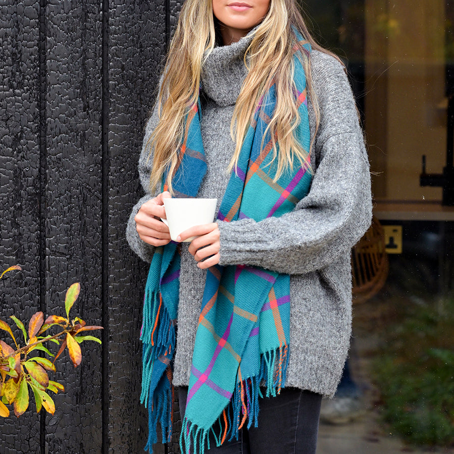 Teal & Purple Check Scarf with Tassel Fringe