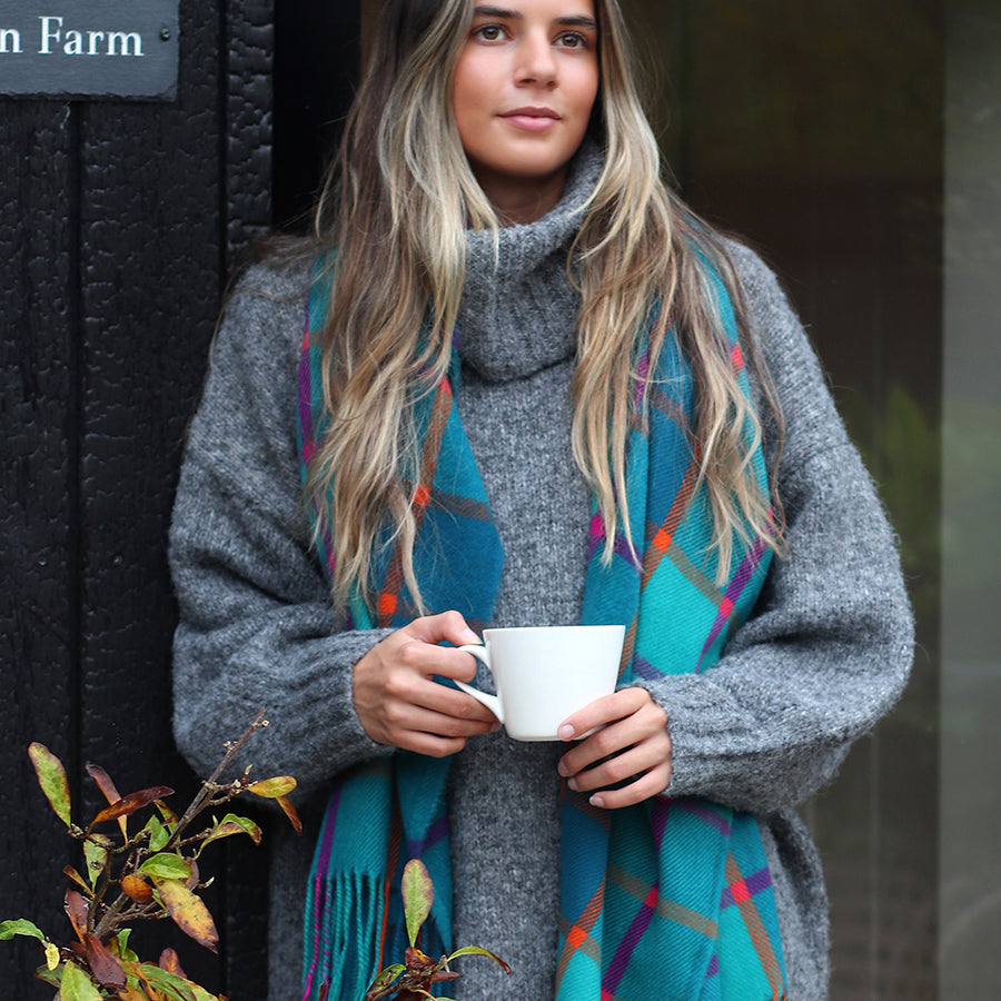 Teal & Purple Check Scarf with Tassel Fringe