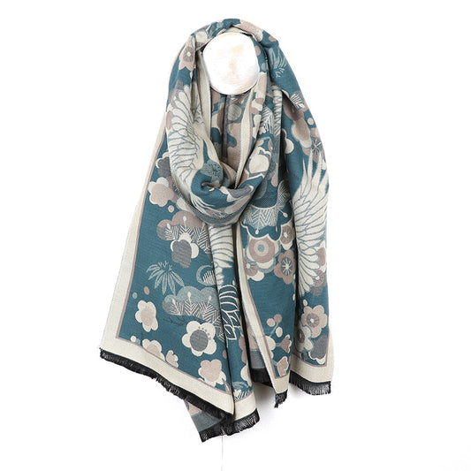 Teal Blue Crane & Floral Jacquard Scarf
