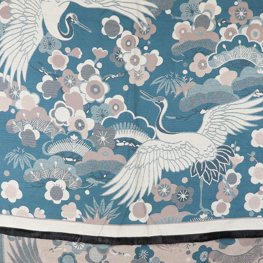 Teal Blue Crane & Floral Jacquard Scarf