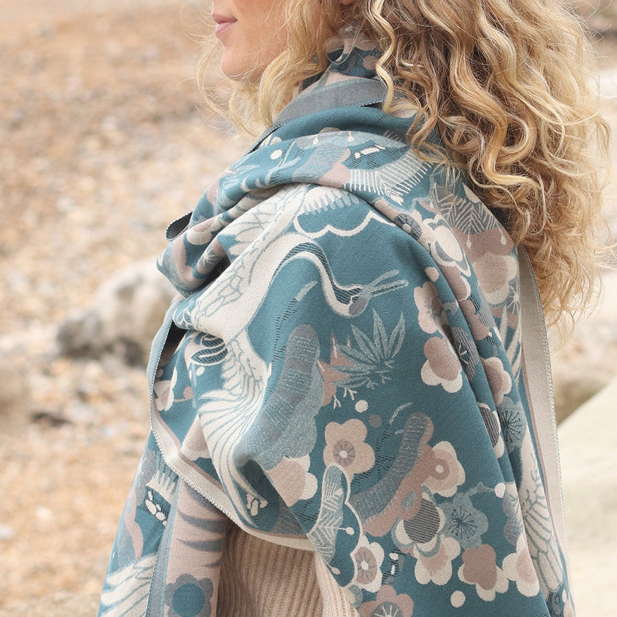 Teal Blue Crane & Floral Jacquard Scarf