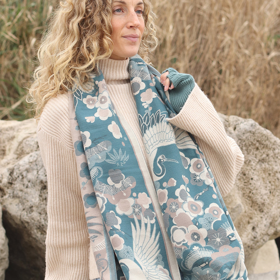 Teal Blue Crane & Floral Jacquard Scarf