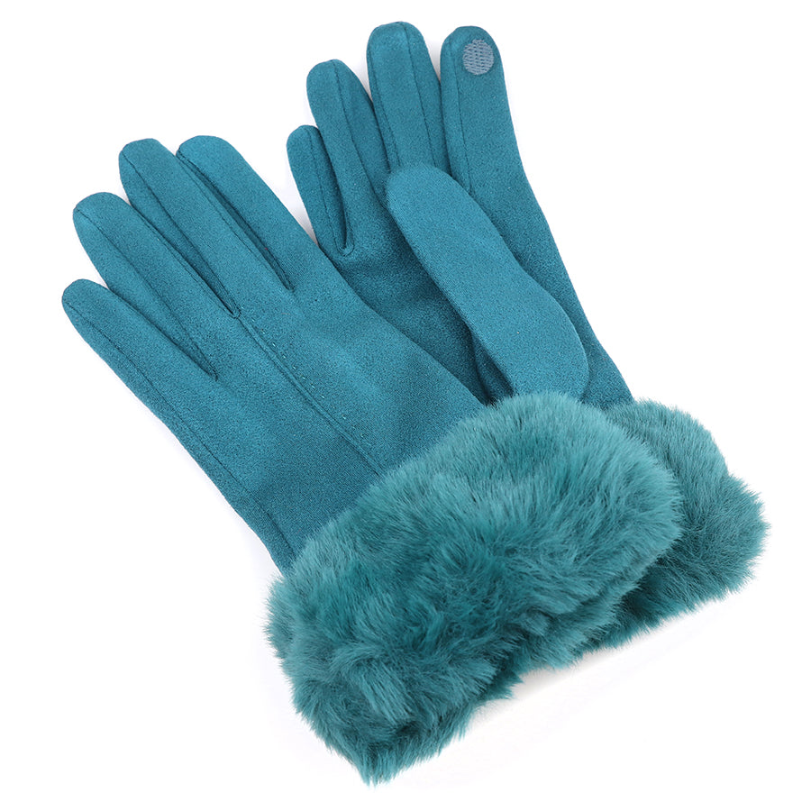 Teal Faux Suede Gloves with Faux Fur Wrist Cuff – Stylish Winter Gloves