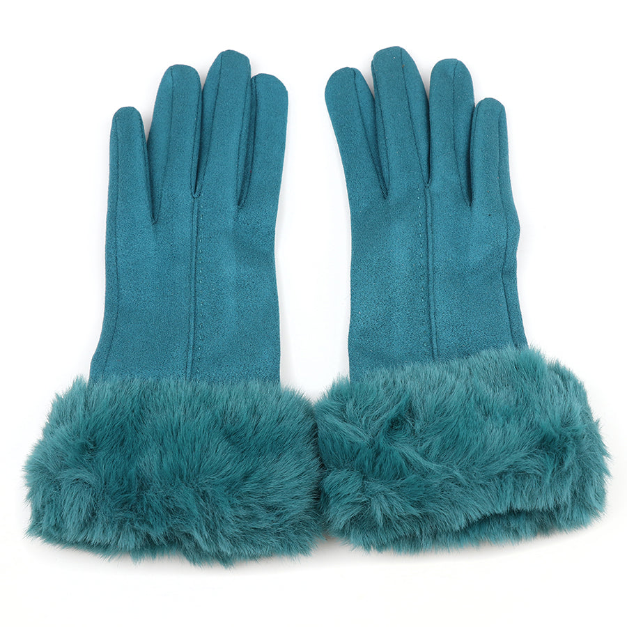 Teal Faux Suede Gloves with Faux Fur Wrist Cuff – Stylish Winter Gloves