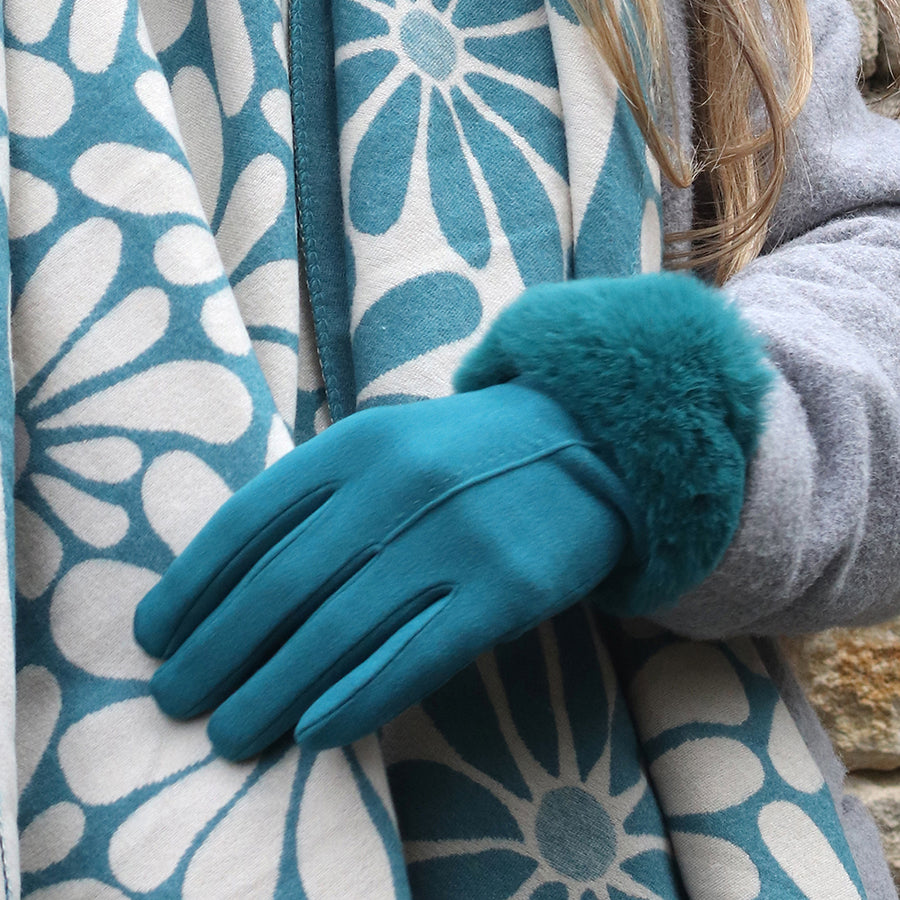 Teal Faux Suede Gloves with Faux Fur Wrist Cuff – Stylish Winter Gloves