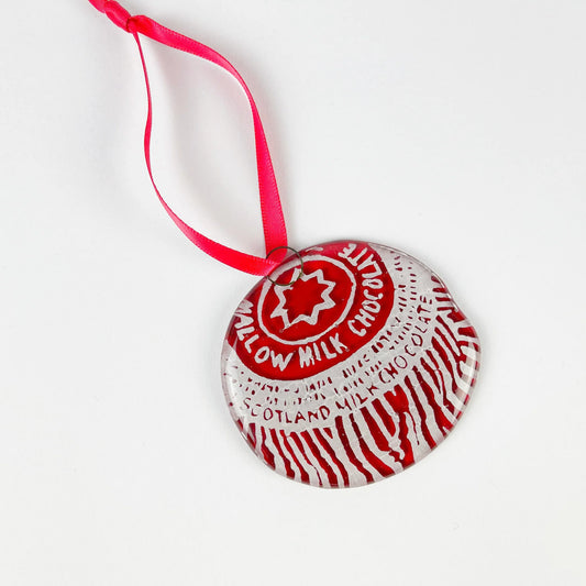 Handmade Fused Glass Tunnock’s Tea Cake Hanging Decoration