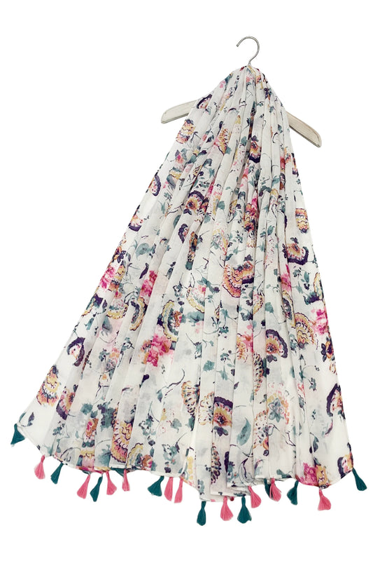 White and Pink Floral Lightweight Scarf