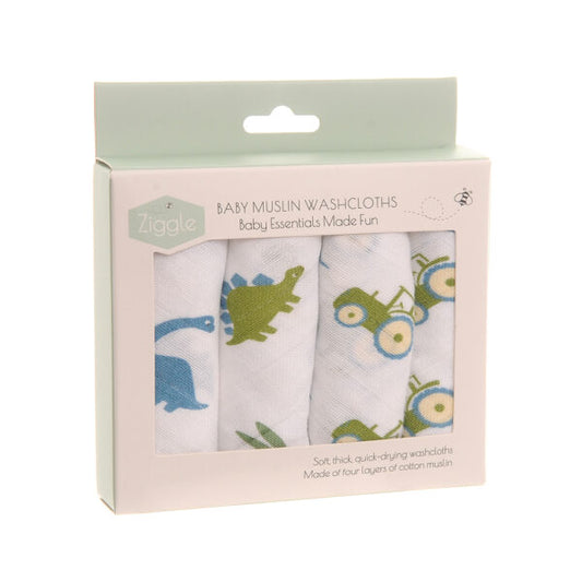 Ziggle Washcloths Set – Blue Dinosaur & Tractor Muslin Washcloths