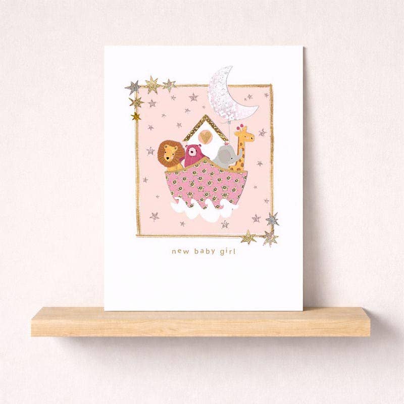 New Baby Card - Animals In A Pink Boat