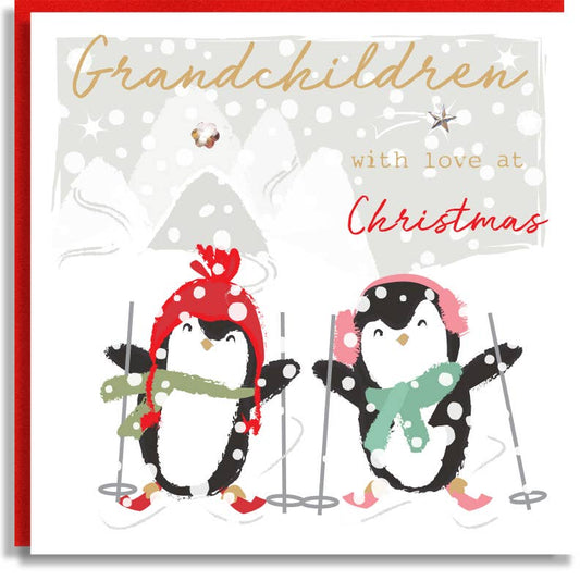Grandchildren Penguins Snow Christmas Sequin Card Wholesale
