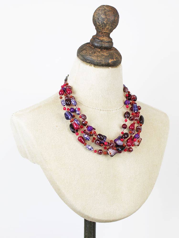 Suzie Blue Mixed Glass Bead Cluster Necklace – Pink & Purple