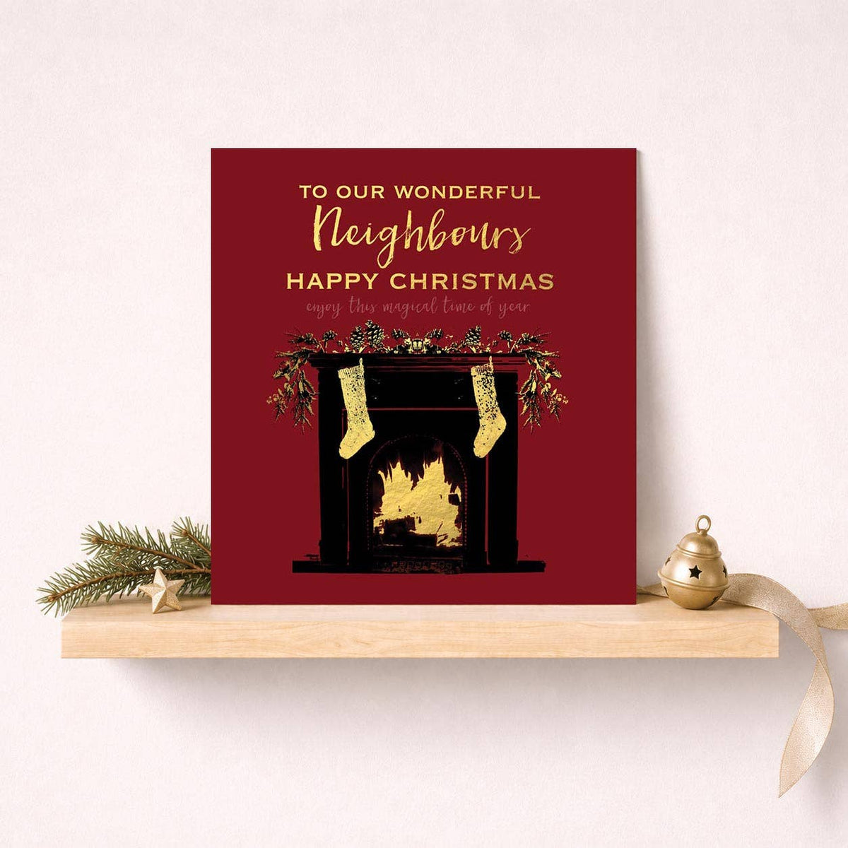Neighbours Christmas Card - Fireplace, Stockings & Foliage