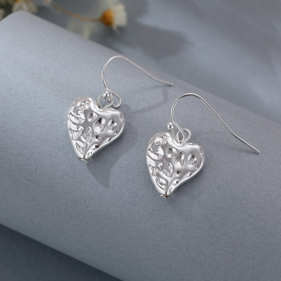 Silver Hammered Heart Drop Earrings