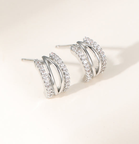 Silver-Plated Half Hoop Crystal Stud Earrings