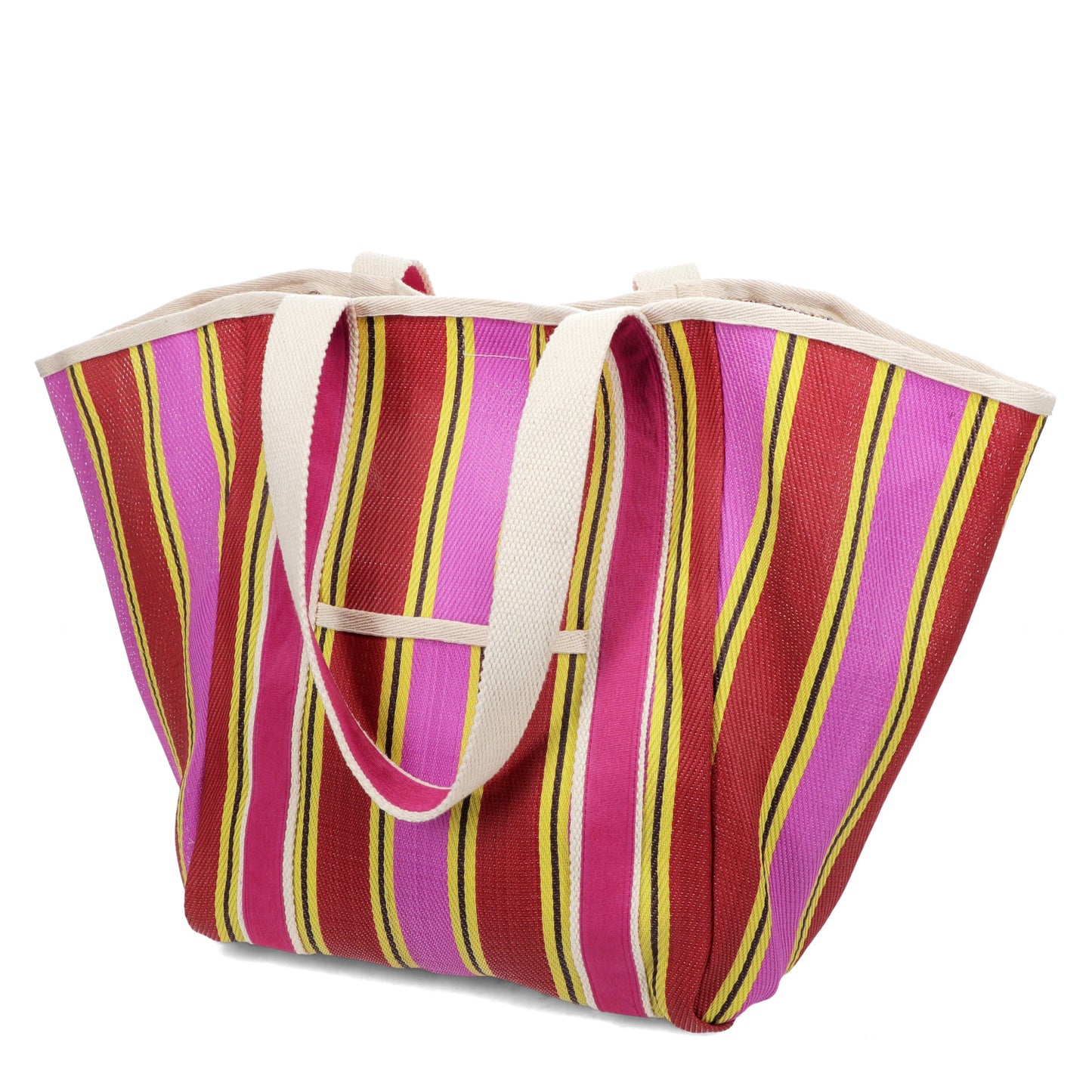 Bold Recycled Woven Tote Bag – Striped Yellow, Pink & Red Shopper with Canvas Handles
