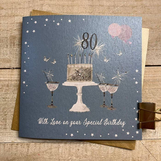 80th Birthday Card - Sparkly Cake & Fizzy Champs