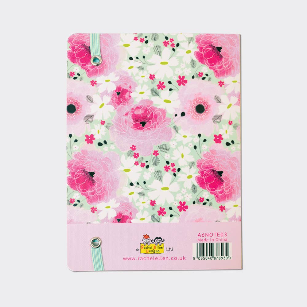 A6 Pink Floral Notebook – Gold Foil ‘Notes & Thoughts’ with Elastic Closure