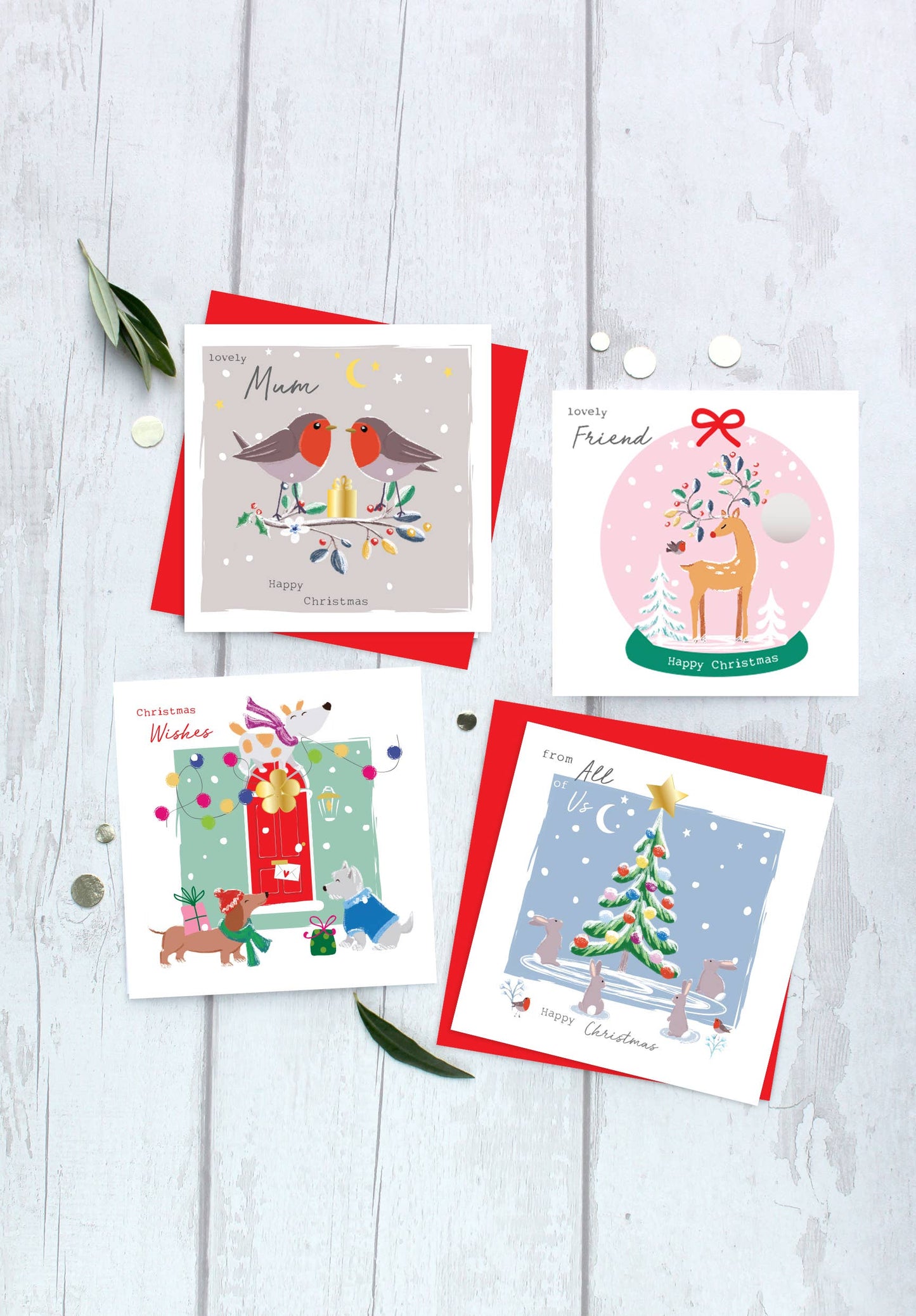 All of Us Christmas Tree Bunnies Robins Foil Card