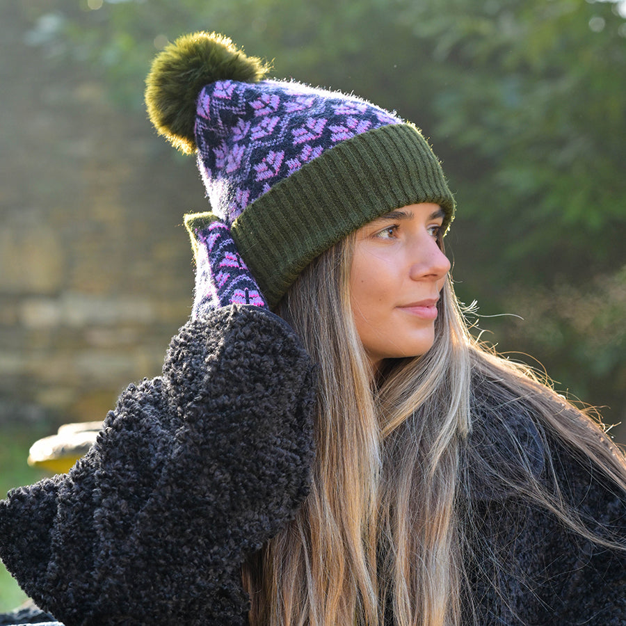 Lilac & Khaki Scandi Flower Bobble Hat