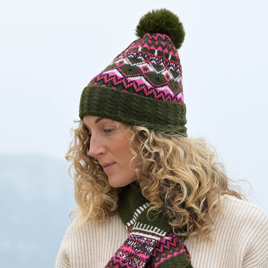 Deep Khaki and Pink Mix Fairisle Beanie Hat