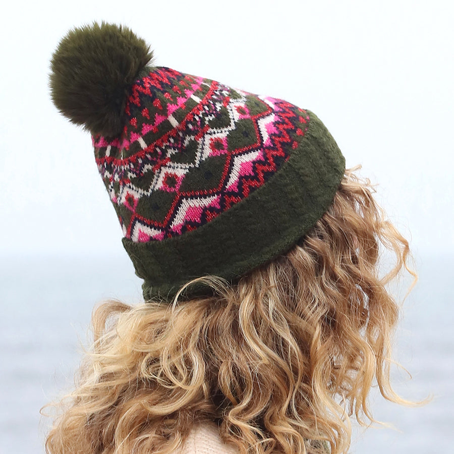 Deep Khaki and Pink Mix Fairisle Beanie Hat