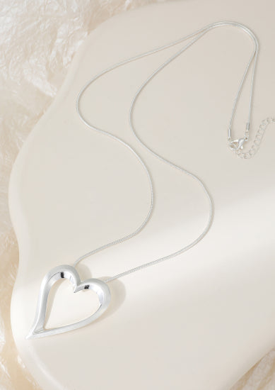 Long Silver Heart Pendant Necklace