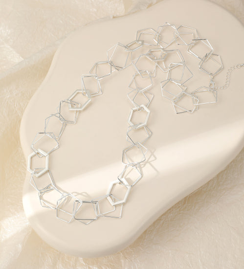 Long Geometric Silver Necklace