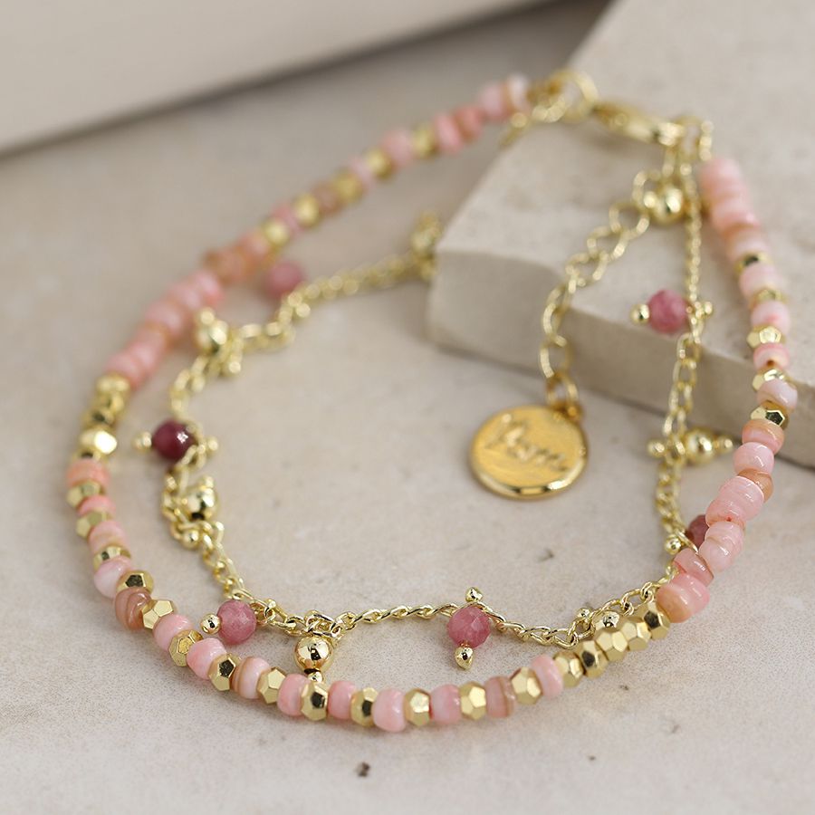 POM Golden Chain & Pink Bead Bracelet with Tourmaline